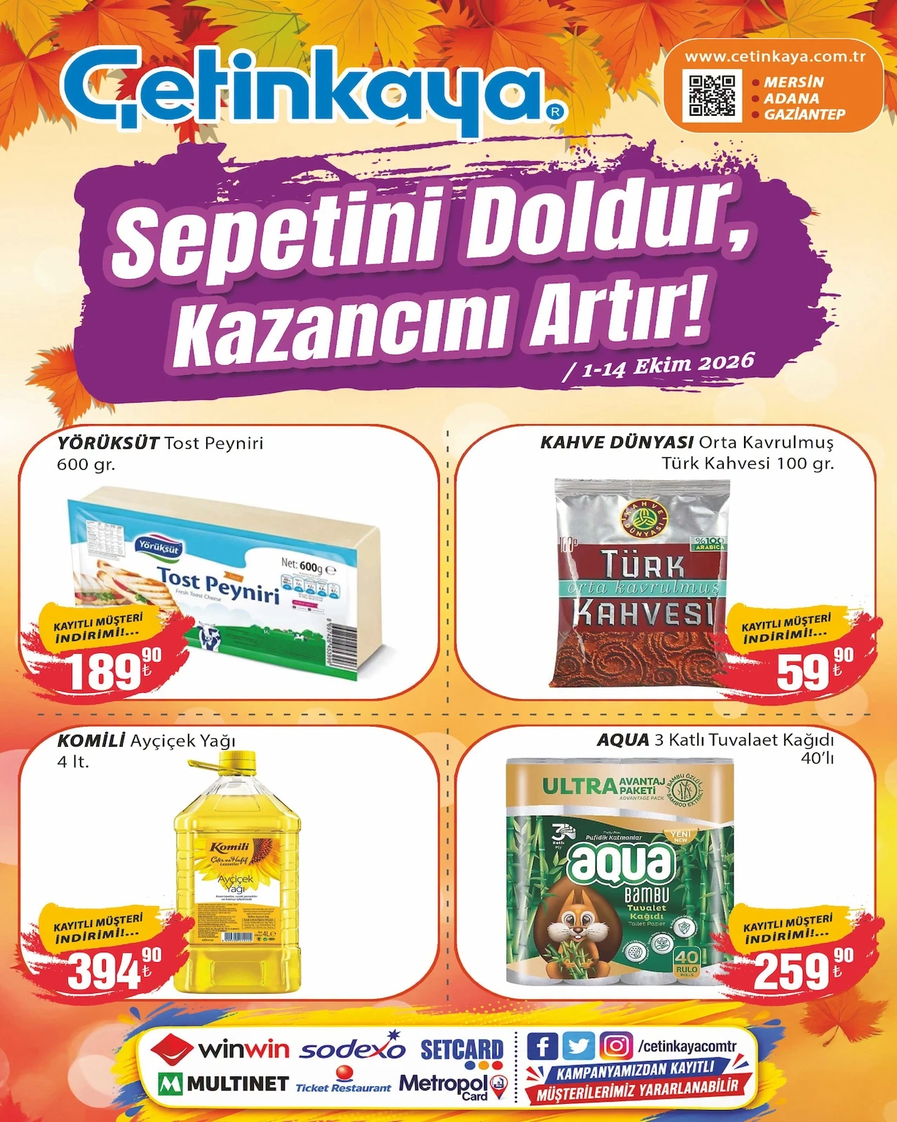 Çetinkaya Market - Mersin-Adana-Gaziantep İndirim Broşürü 01 - 14 Ekim 2026 kapağı